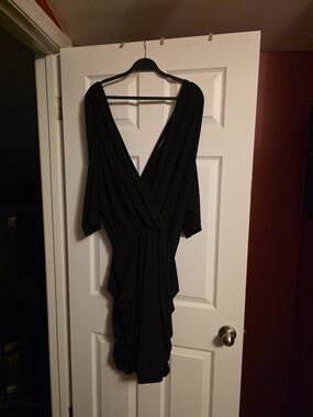 Ashley Stewart Black Backless Ruched V-Neck Dress